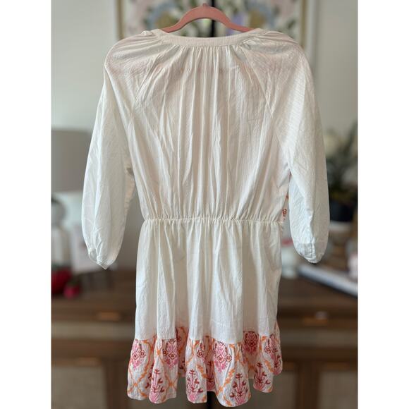 NWOT Fanco Embroidered Geometric Diamond Lattice Peasant Mini Dress White Large - Picture 4 of 11